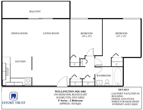 A floor plan of a two bedroom apartment with a living room, dining room, kitchen and two bedrooms.